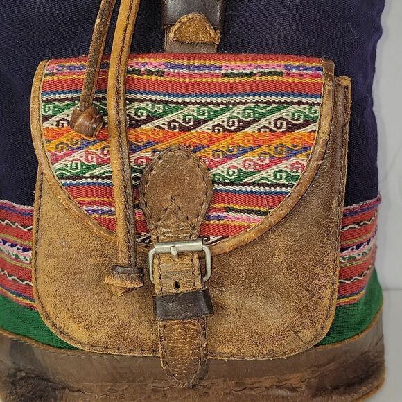 Vintage BHL Leather Ethnic Aztec Woven Wool Backpack main image 11